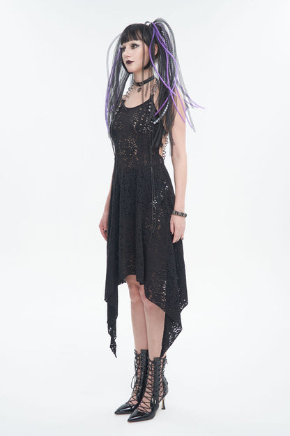 Wool Patterned Metal Chain Halter Backless Black Punk Dress