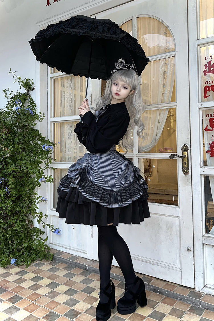 Black Point Manor Multi-Striped Print Ruffled Bow Hem Gothic Lolita Skirt
