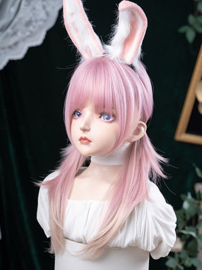 Pink Ombre Hair Color 68CM Length Straight Wig With Air Bangs