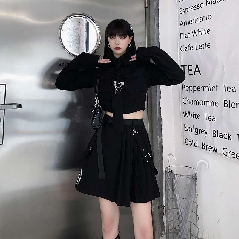 Cool Black Pocket Shirt Pleated Skirt Tie Set