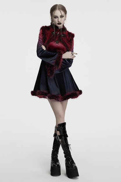 Crimson Mandarin Collar Sleeveless Gradient Faux Fur Women's Goth Cape