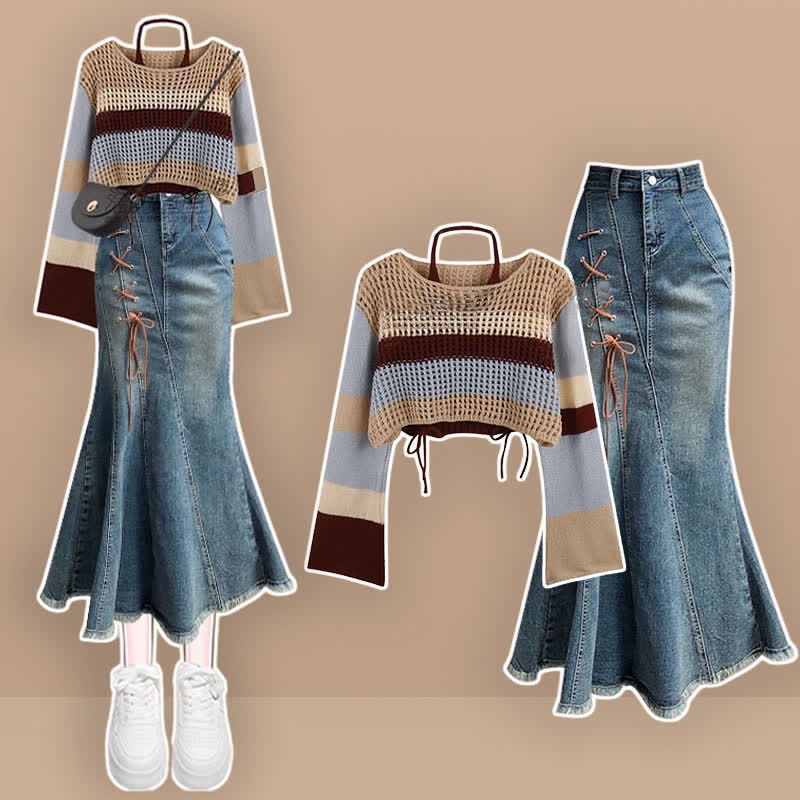 Hollow Out Stripe Top Halter String Fishtail Denim Skirt