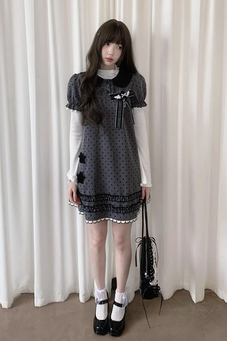 Grey Little Star Wish Doll Collar Short Sleeve Polka Dot Bow Classic Japanese Lolita Dress
