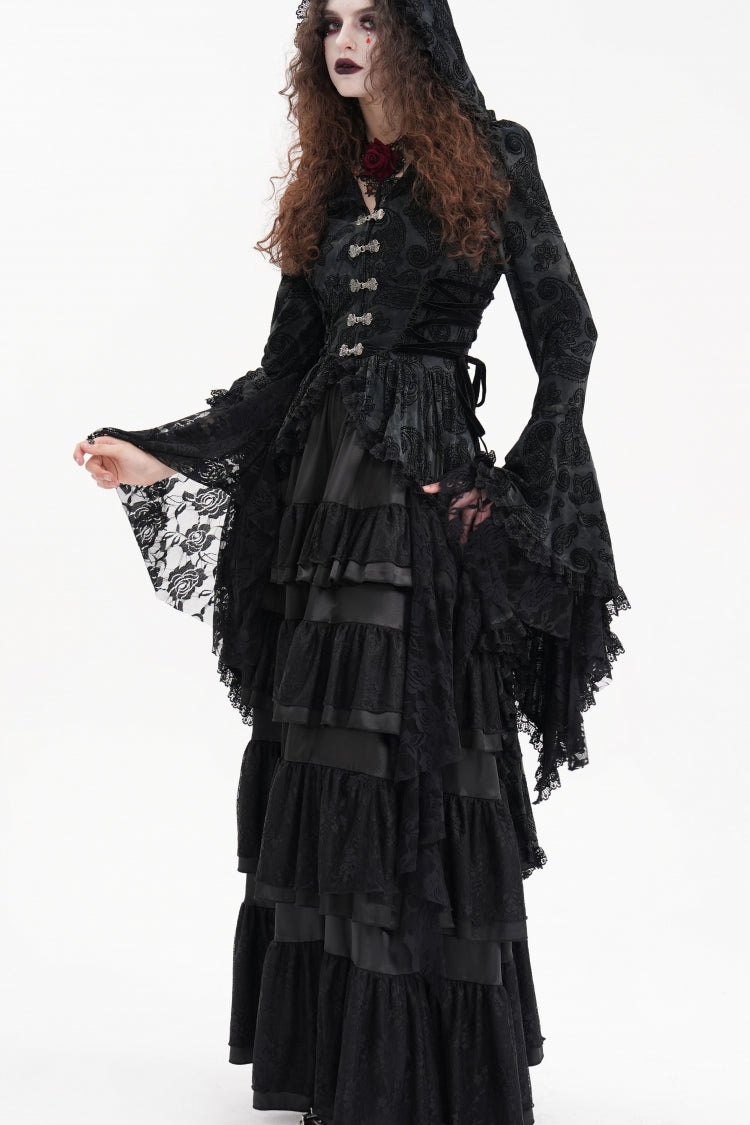 Hooded Ripped Jacket with Multi-Layer Lace Embroidery