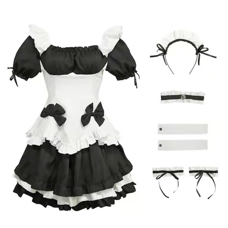 Black Sweet Off Shoulder Bow Knot Lace Up Maid Dress Lingerie