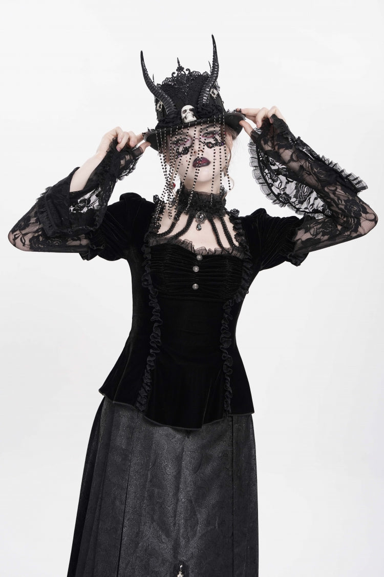 Faux Two-Piece Velvet Blouse with Eyelet and Pleats
