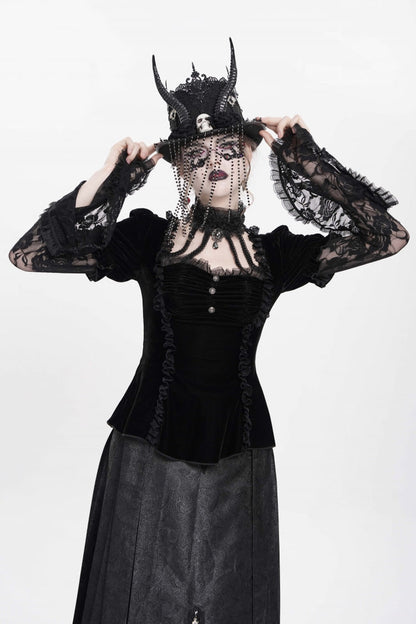 Faux Two-Piece Velvet Blouse with Eyelet and Pleats