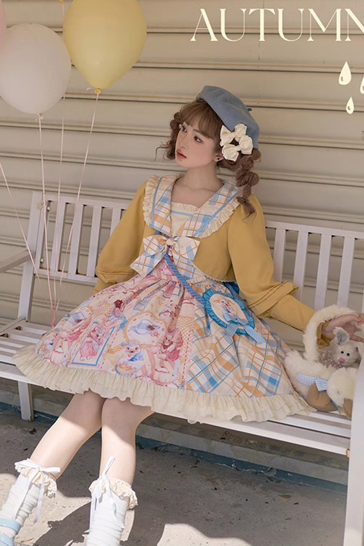 Cat Holiday Print Ruffle Bow Two-Piece Illusion Sweet Lolita Gown in Yellow Pink