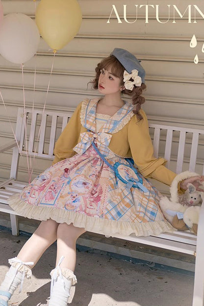 Cat Holiday Print Ruffle Bow Two-Piece Illusion Sweet Lolita Gown in Yellow Pink