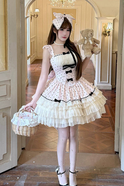 Rose Dot Waltz Square Neck Flutter Sleeve Triple Layer Printed Ruffle Bow JSK Dress