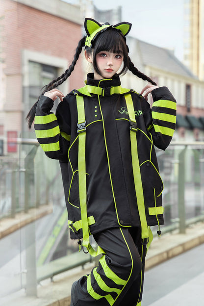 Cat Ear Hooded Jirai Kei Long Sleeve Coat in Yellow Green Black