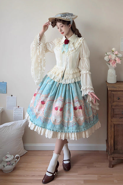 Ruffle-Embroidered Palace Skirt with Lace and Print