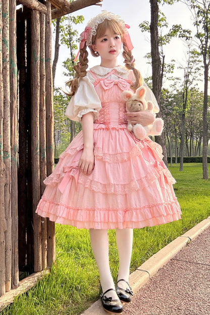 Rose Miss Pearl Sleeveless Double Layer Bow Lace Corset Sweet Lolita JSK Outfit