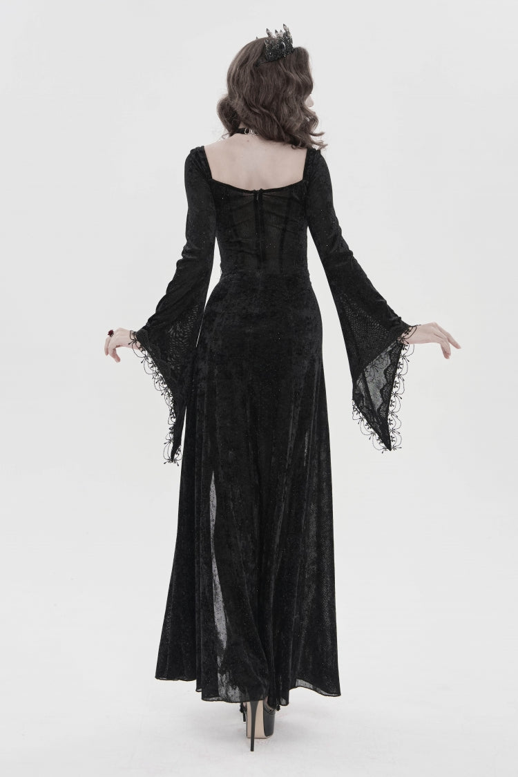 Halterneck Trumpet Sleeve Hanayome Lace Lace-Up Slim Chain Gothic Dress Plunging Split Maxi