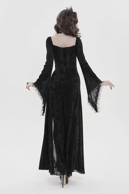 Halterneck Trumpet Sleeve Hanayome Lace Lace-Up Slim Chain Gothic Dress Plunging Split Maxi