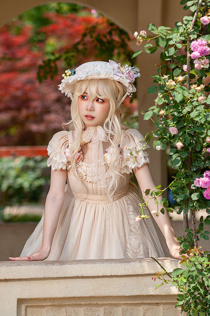 Apricot Polka Dot Asymmetric Ruffle Bow Lolita Dress - Moon goddess *Mediana*