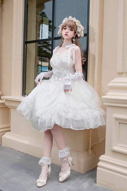 White Sleeveless Ruffled Sleeping Garden Hanayome Bow-Trim Sweet Lolita JSK Dress