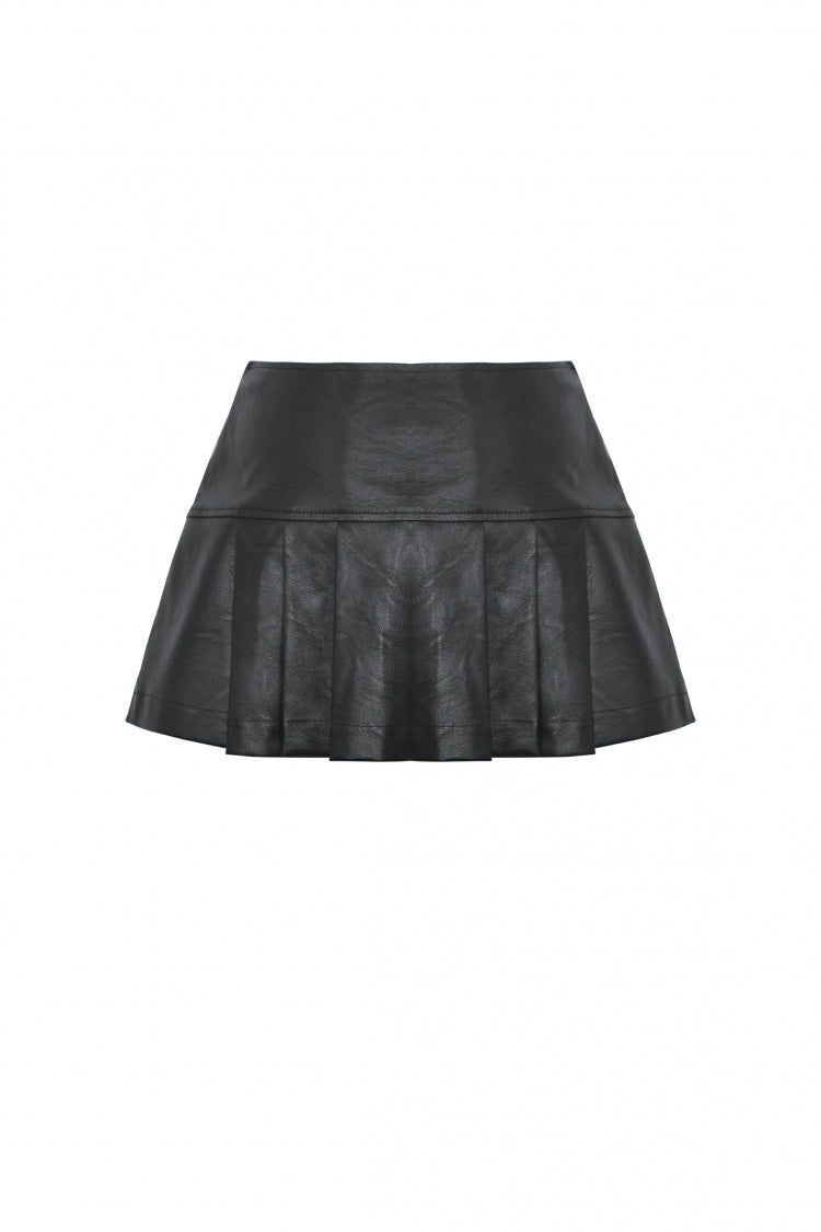 Pleated Punk Mini Skirt with Metal Belt Buckle in Black Faux Leather