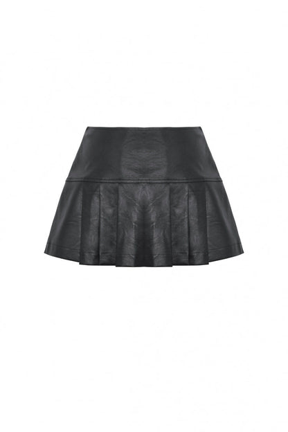 Pleated Punk Mini Skirt with Metal Belt Buckle in Black Faux Leather