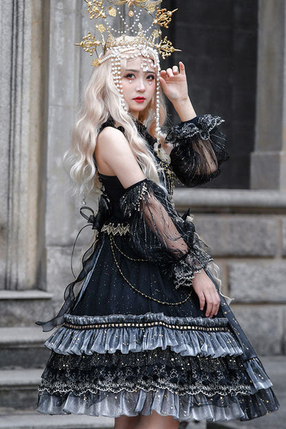 Gothic Lolita JSK Dress with Bowknot and Ruffled Cardigan