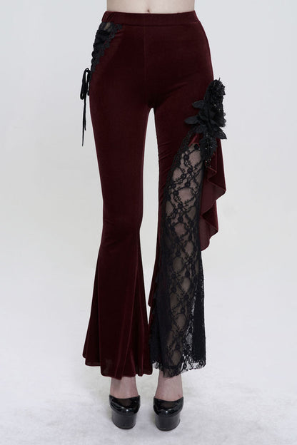 Velvet Single Side Stitching Rose Net Side Rope Flare Gothic Pants
