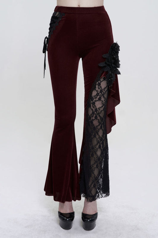 Velvet Single Side Stitching Rose Net Side Rope Flare Gothic Pants