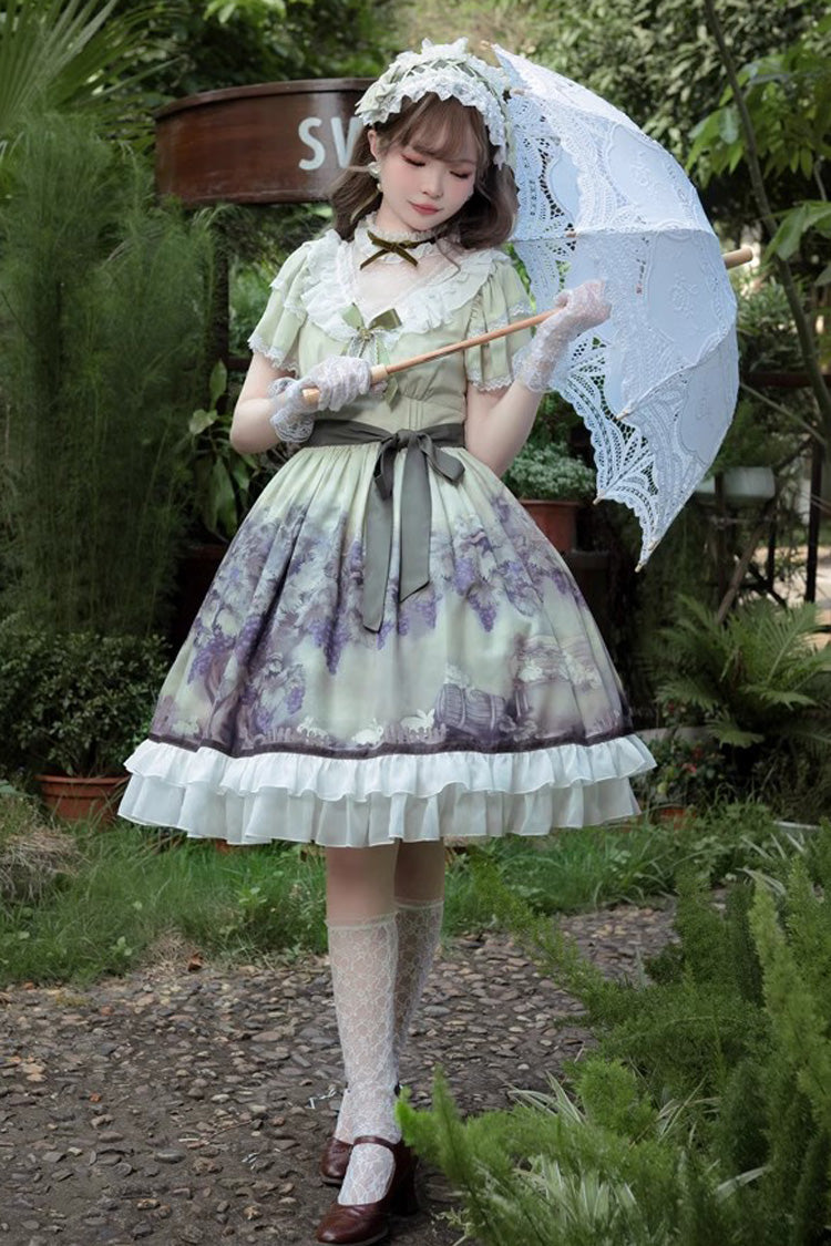 Multi-Color Short Sleeves Vineyard Print Ruffle Bow Sweet Princess Lolita Dress