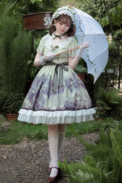 Multi-Color Short Sleeves Vineyard Print Ruffle Bow Sweet Princess Lolita Dress