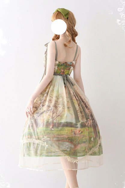 Emerald Oil Painting Spring Sleeveless Print Ruffle Bowknot Lace Sweet Lolita JSK