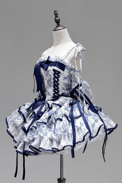 Blue White Sleeveless Multi-Layered Print Bowknot Fishbone Sweet Classic Chinese Style Lolita Jsk Short Dress