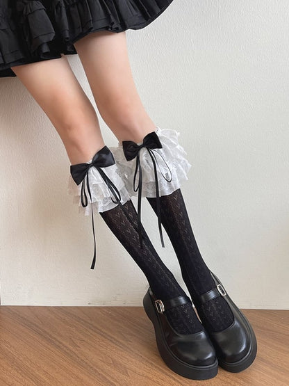 White/Black Bowknot Heart Print Lace Ruffle Trims Underknee Stockings