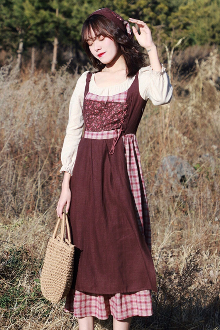 Brown French Retro Sweet Lolita OP Dress with Plaid and Crinkle Details