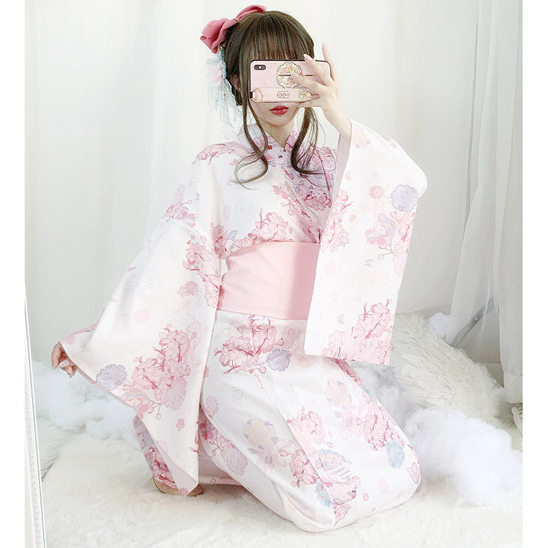 Vintage Cat Sakura Print Kimono Dress