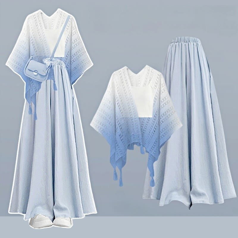 Top Three Gradient Pantskirt Leg Wide Cardigan Pieces Set Crop