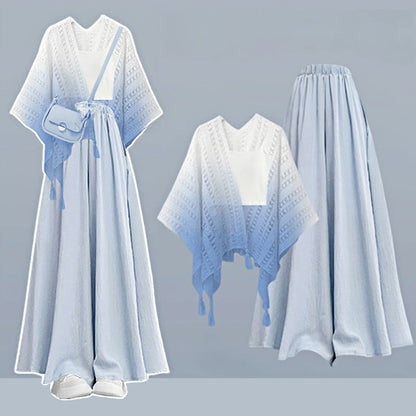 Top Three Gradient Pantskirt Leg Wide Cardigan Pieces Set Crop