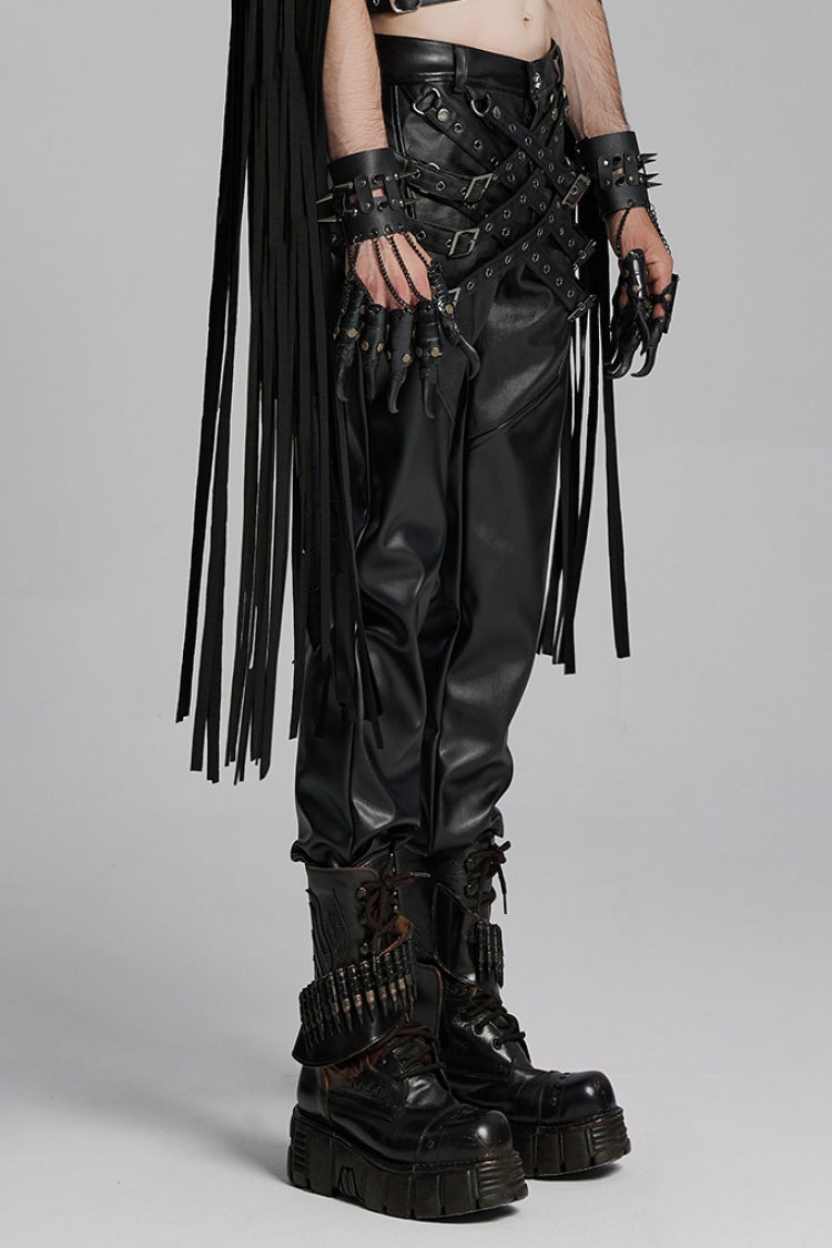 Punk Trousers with Buckle Straps and Mesh Accents