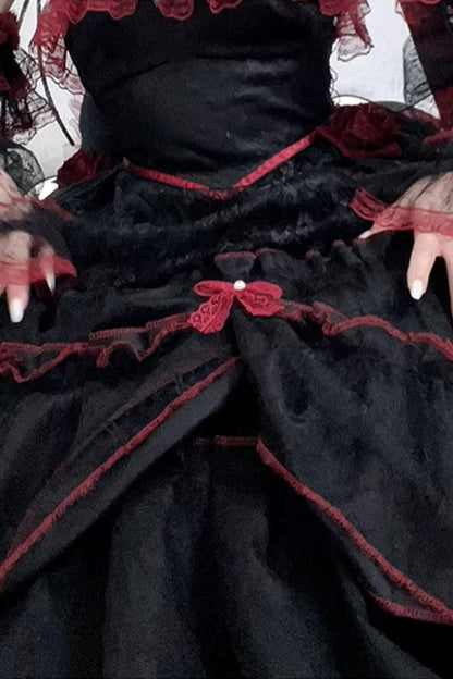 Layered Poem Halterneck Jacquard Lolita Dress with Bow - Noir