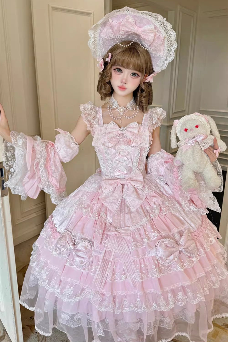 Rose Spring Prelude Sleeveless Tiered Ruffle Bow Lace Princess Sweet JSK Dress