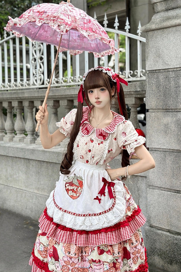 Bear Strawberry Ode Print Short Sleeve Double-Layered Ruffle Bow JSK