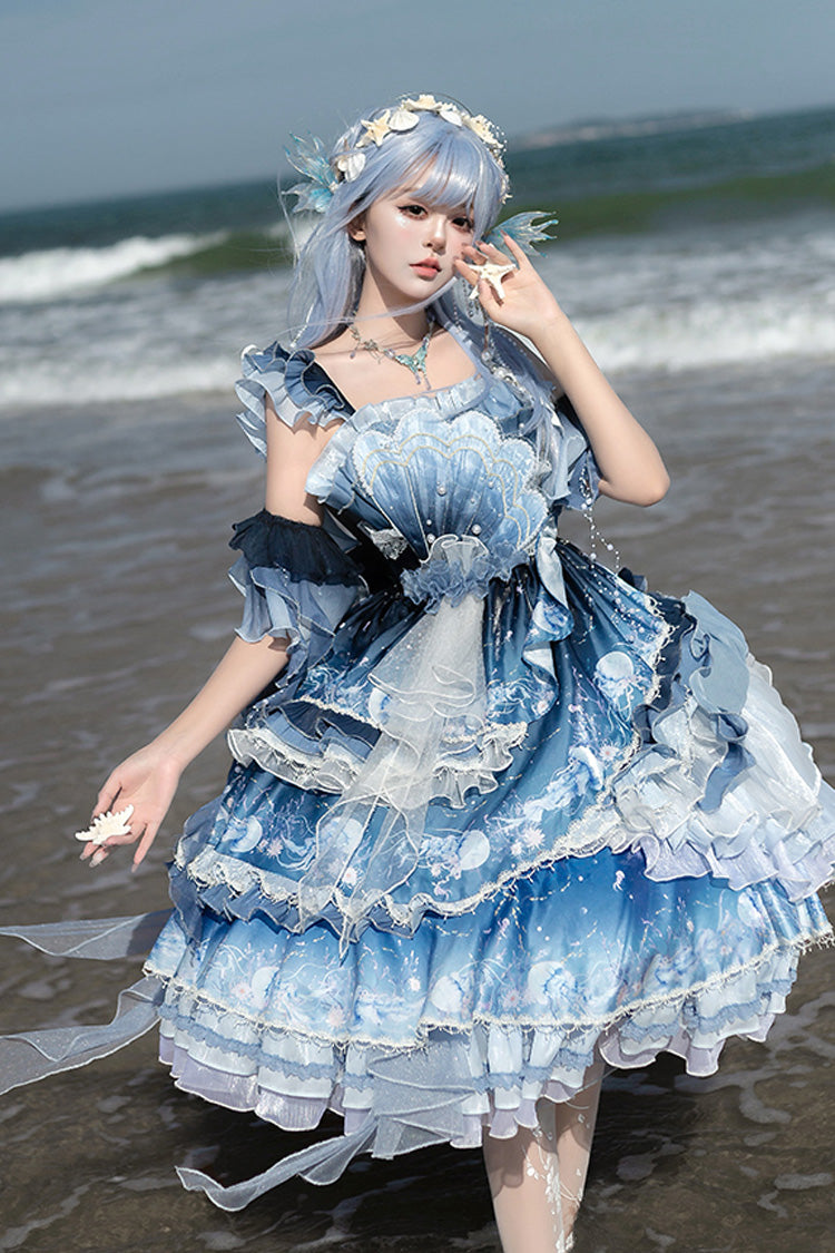 Gradient Printed Ruffled Embroidered Bow Lace Asymmetric Sweet Elegant Lolita JSK