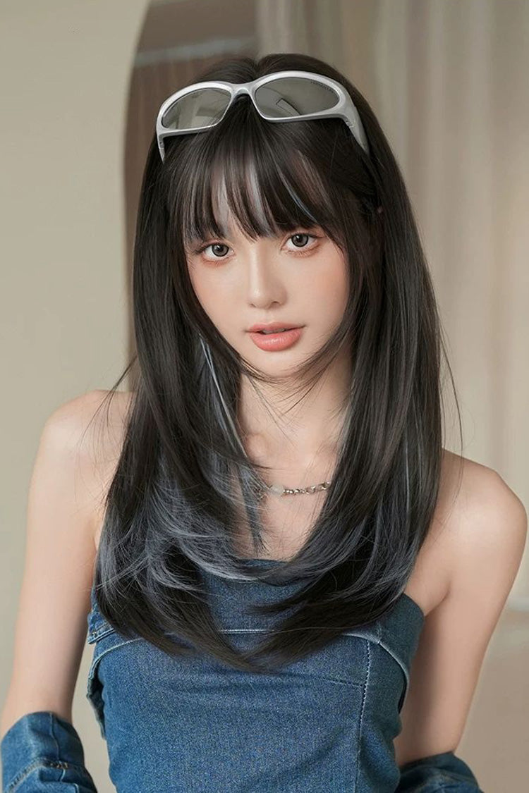 Vibrant Multitone Straight Wig with Full Fringe and Aqua Sheen