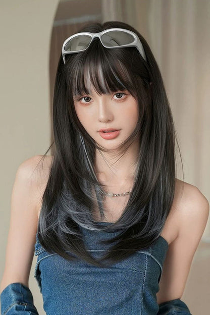 Vibrant Multitone Straight Wig with Full Fringe and Aqua Sheen