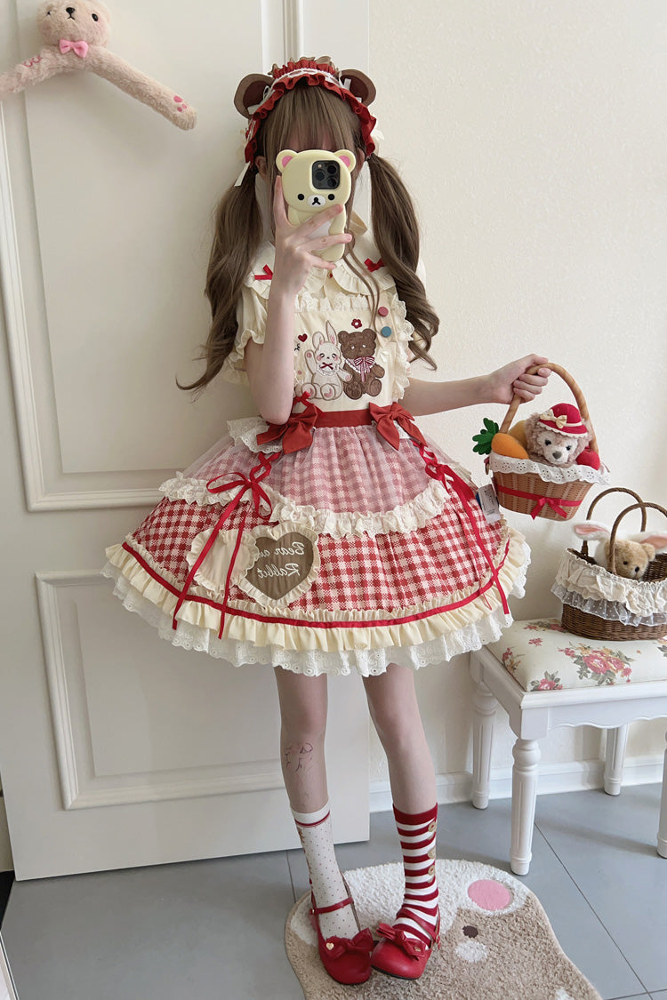 Rabbit Bear Plaid Ruffle Bow Sweet Lolita Skirt with Blouse