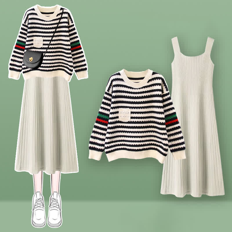 Knit Colorblock Set Stripe Sweater Dress Slip