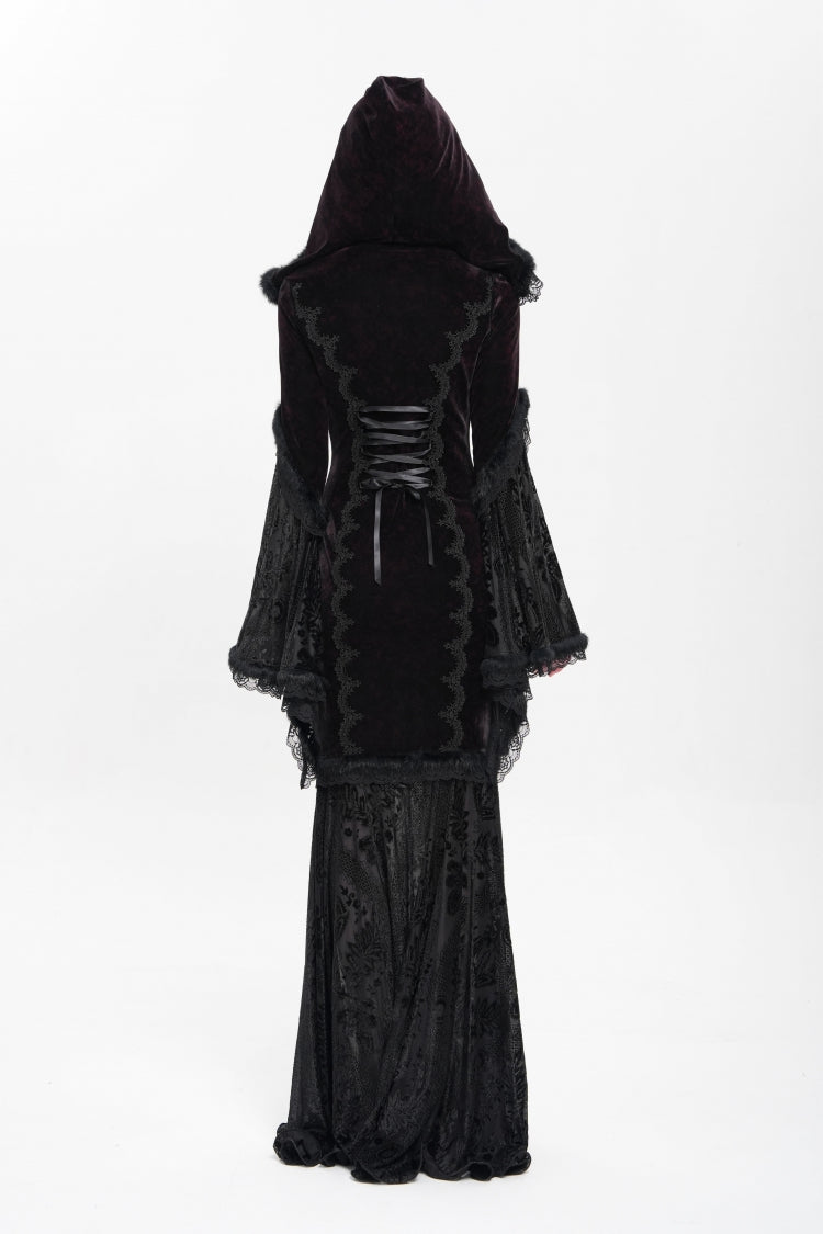 Trumpet Sleeve Embroidered Lace Hooded Mesh Gothic Dress