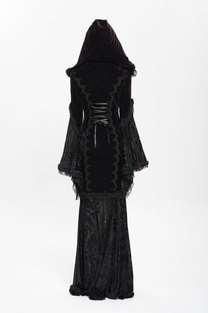 Trumpet Sleeve Embroidered Lace Hooded Mesh Gothic Dress