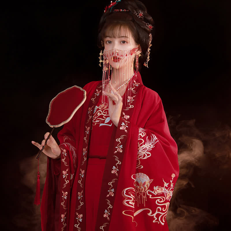 Red Phoenix Embroidery Tank Top Big Sleeve Cardigan Shirt Skirt Hanfu Set