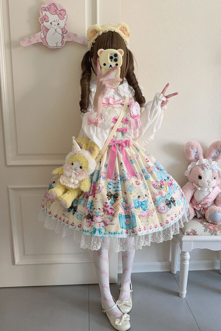 Sunny Bear Print Ruffled Bow Lace Princess JSK Outfit