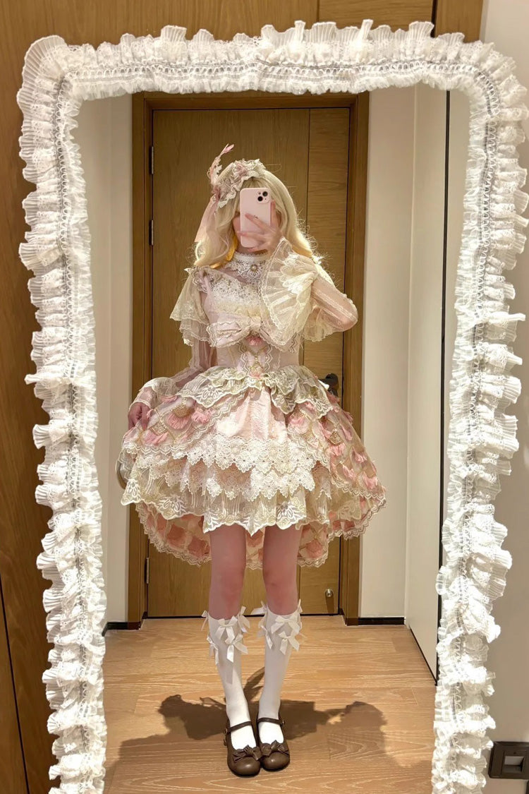 Rose Peacock Feather Tiered Ruffle Bride Cardigan Bow Lace Sweet Lolita JSK Set
