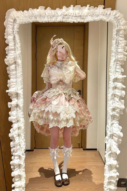 Rose Peacock Feather Tiered Ruffle Bride Cardigan Bow Lace Sweet Lolita JSK Set